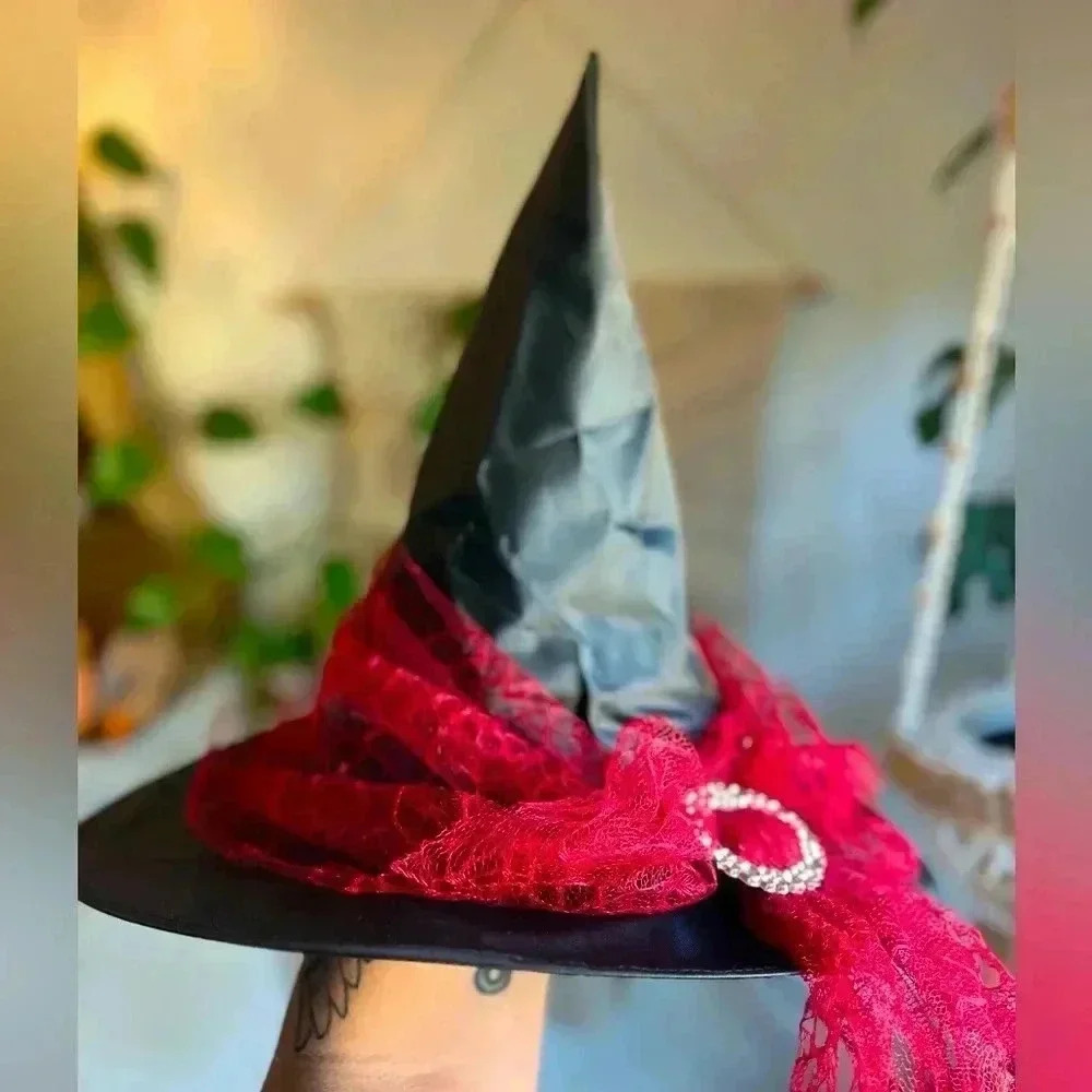 Witch Hat Red Lace Rhinestone Buckle | 10” Tall | Halloween Costume Accessory